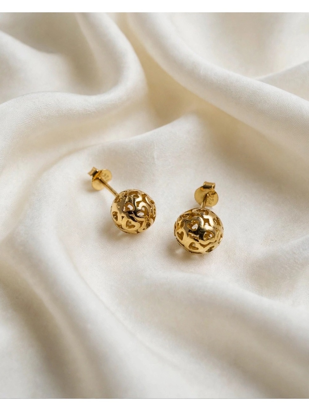 Gold Tone Filigree Ball Stud Earrings – Heart Openwork Post Back Earrings